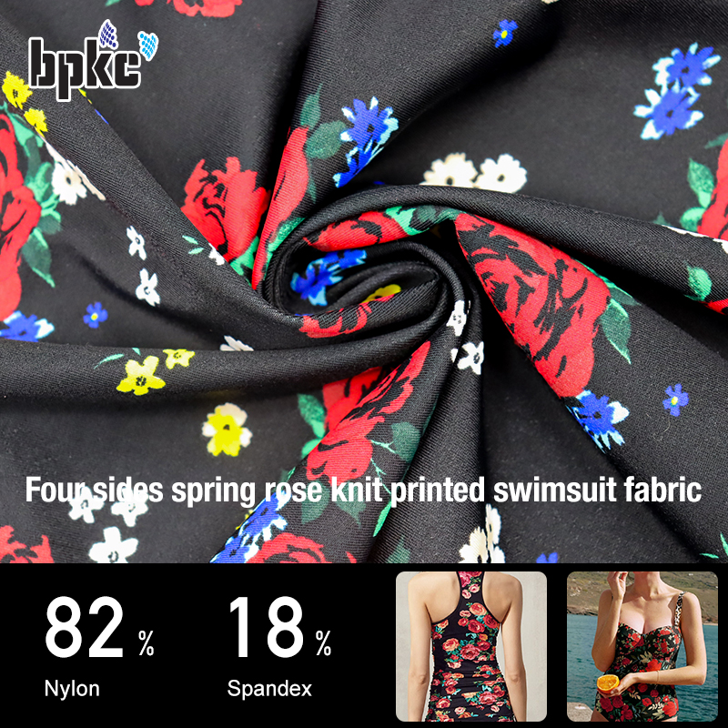 Four sides spring rose knit printed swimsuit fabric